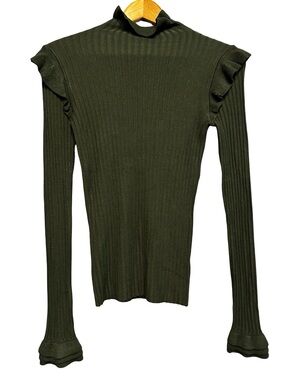 Marie Oliver Green Tinley Rib-Knit Fitted Turtleneck XS Ruffle Preppy Chic